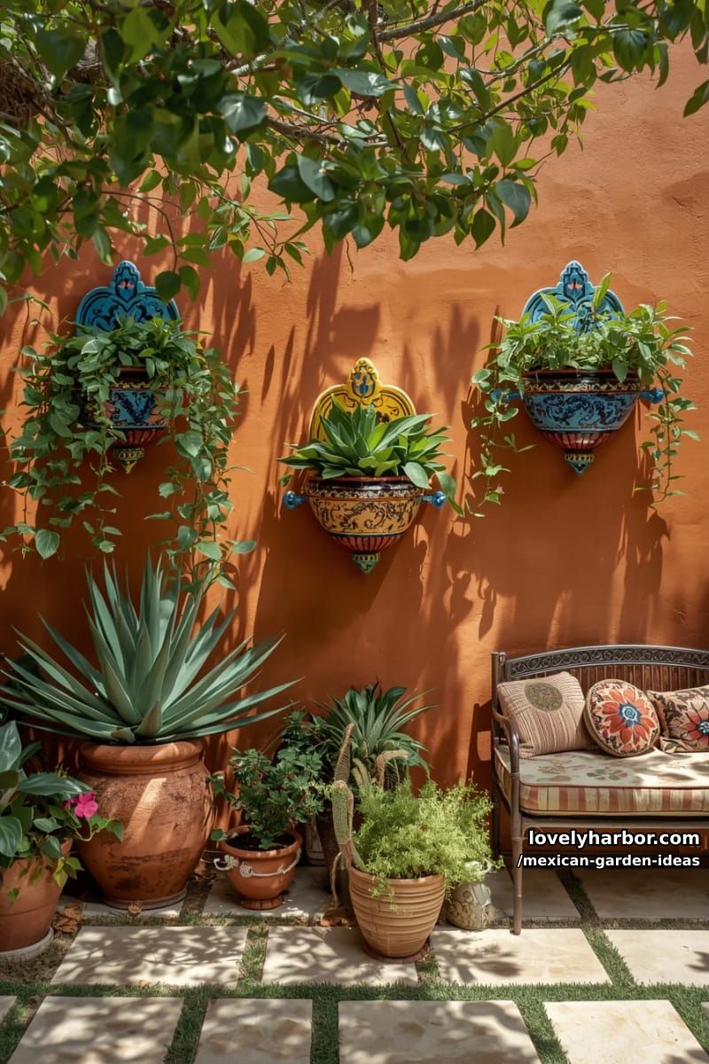 terracotta stucco wall with ornate ceramic wall planters and lush plants. 1