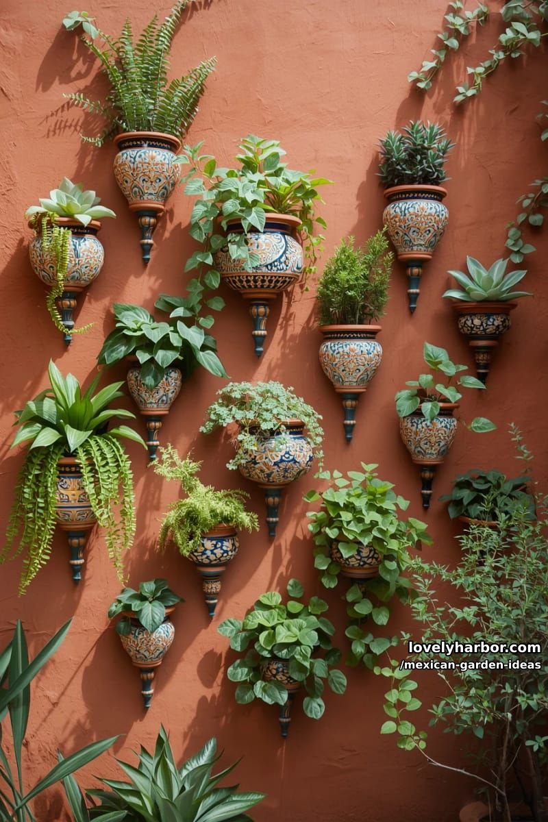 terracotta stucco wall with ornate ceramic wall planters and lush plants. 1