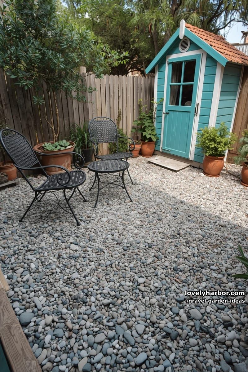 textured gravel surface with garden chairs and blue shed. 1