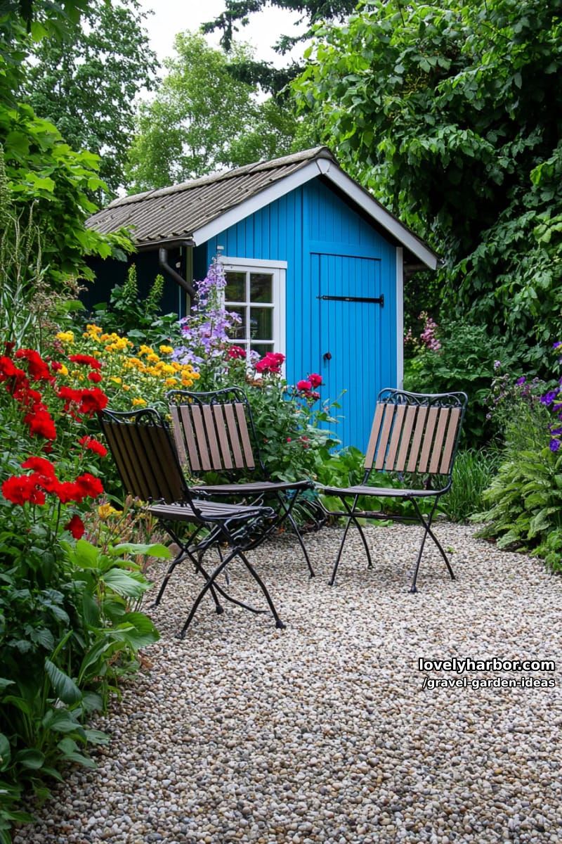 textured gravel surface with garden chairs and blue shed. 1