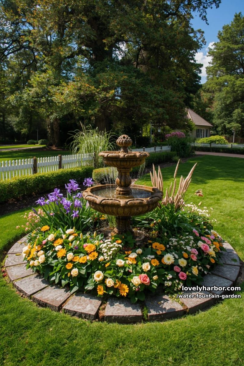 three-tiered stone fountain with circular flower bed and picket fence. 1