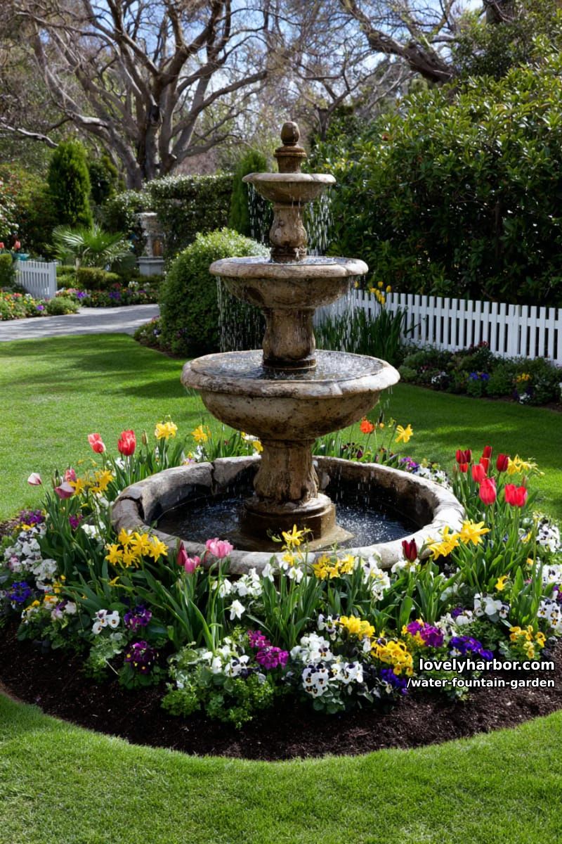 three-tiered stone fountain with circular flower bed and picket fence. 1