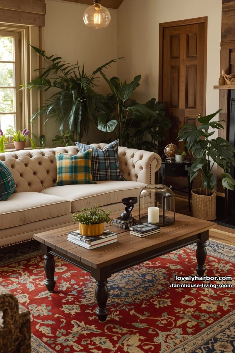 timeless farmhouse living room with tufted beige sofa, vintage rug, and warm lighting. 1