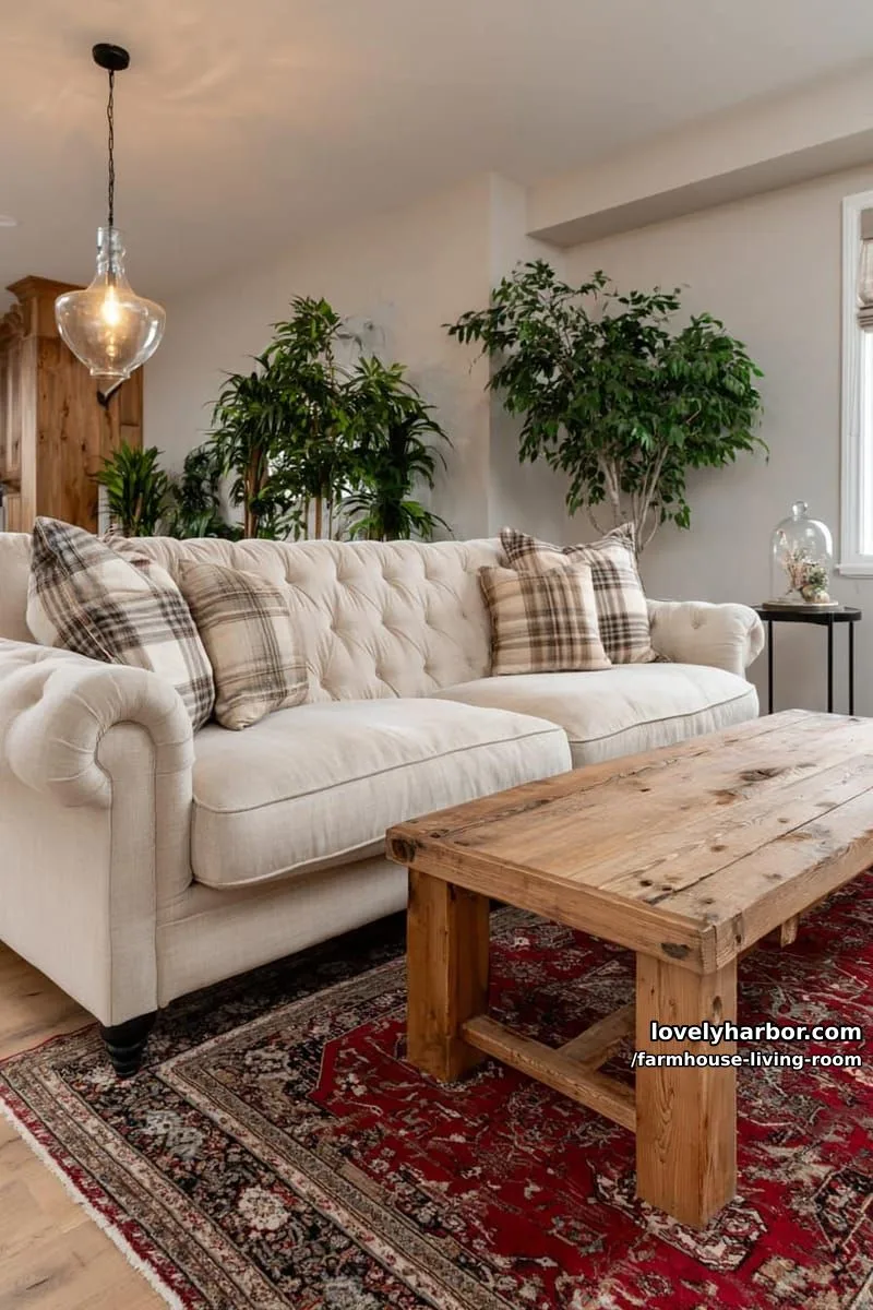 timeless farmhouse living room with tufted beige sofa, vintage rug, and warm lighting. 1