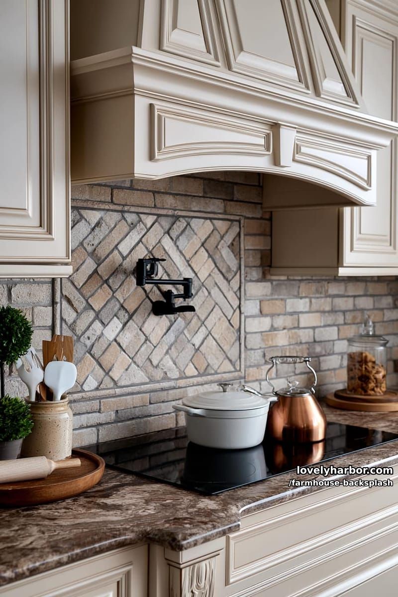 traditional kitchen with cream cabinetry, herringbone brick backsplash, and classic range hood. 1
