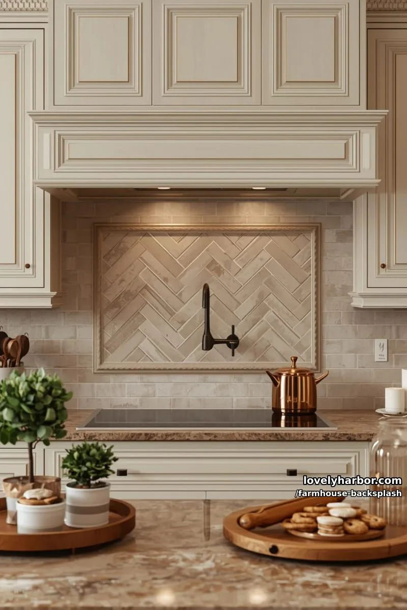 57 Stunning Farmhouse Backsplash Ideas You'll Love 17 traditional kitchen with cream cabinetry, herringbone brick backsplash, and classic range hood. 1