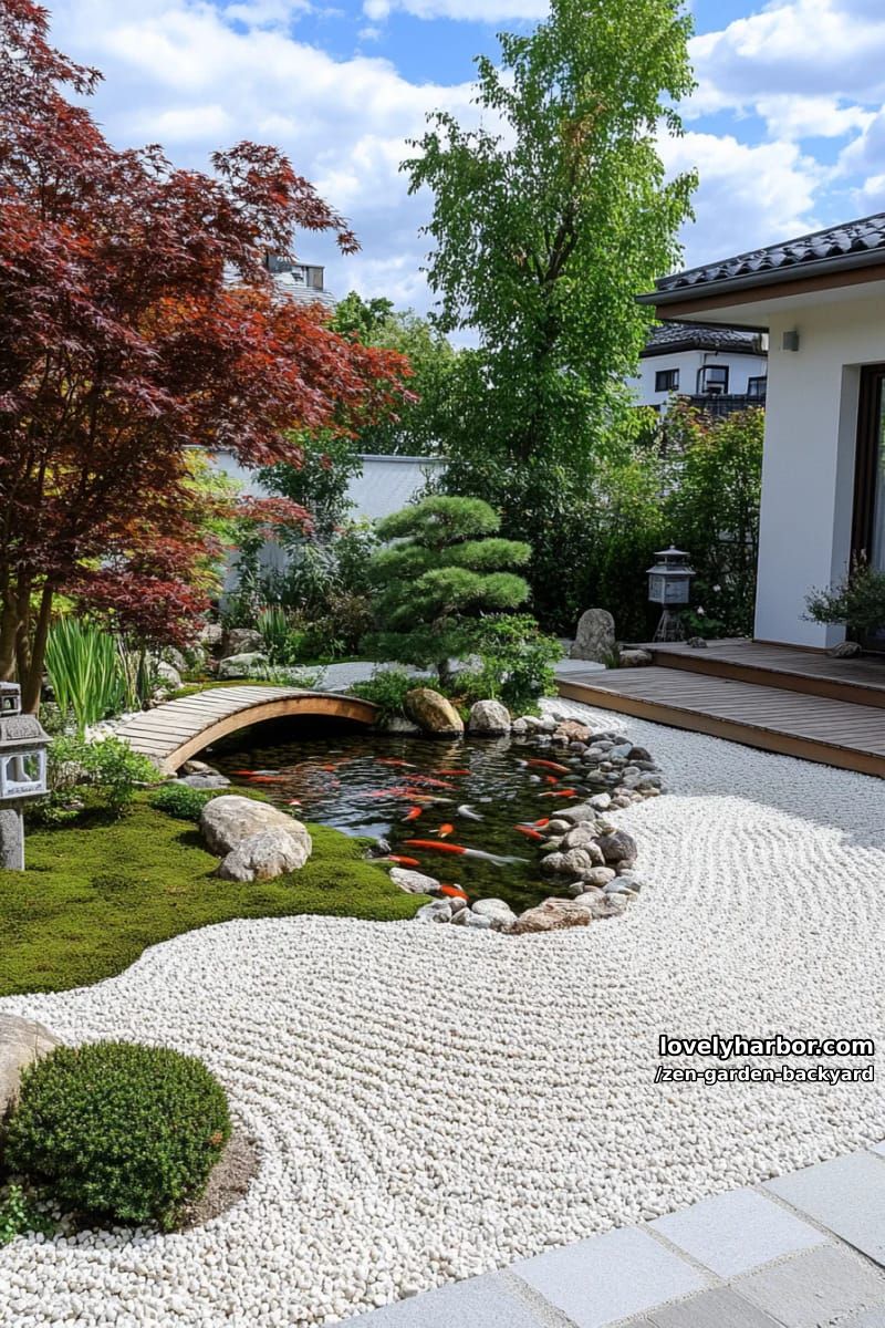traditional zen garden with raked gravel, koi pond, and wooden elements. 1