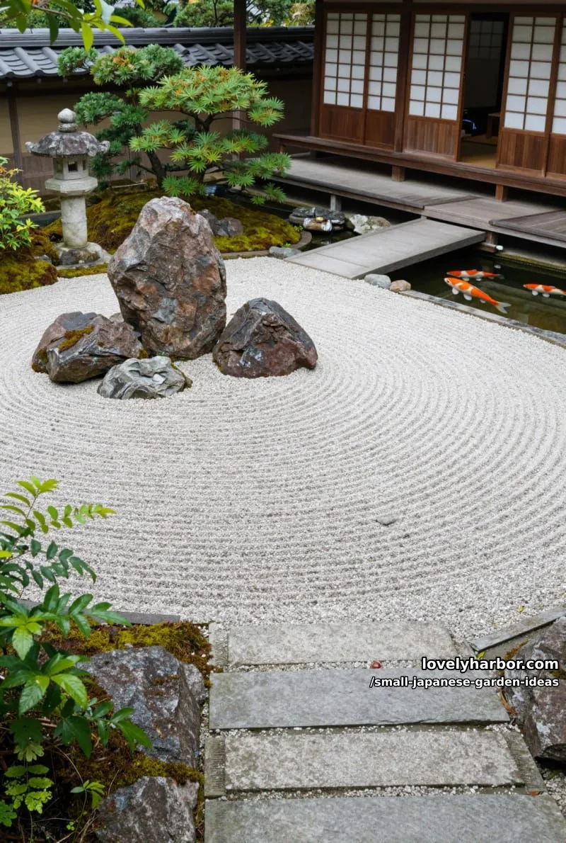 20 Small Japanese Garden Ideas for a Zen Atmosphere 21 traditional zen garden with raked gravel, large rocks, koi pond, and wooden gate. 1