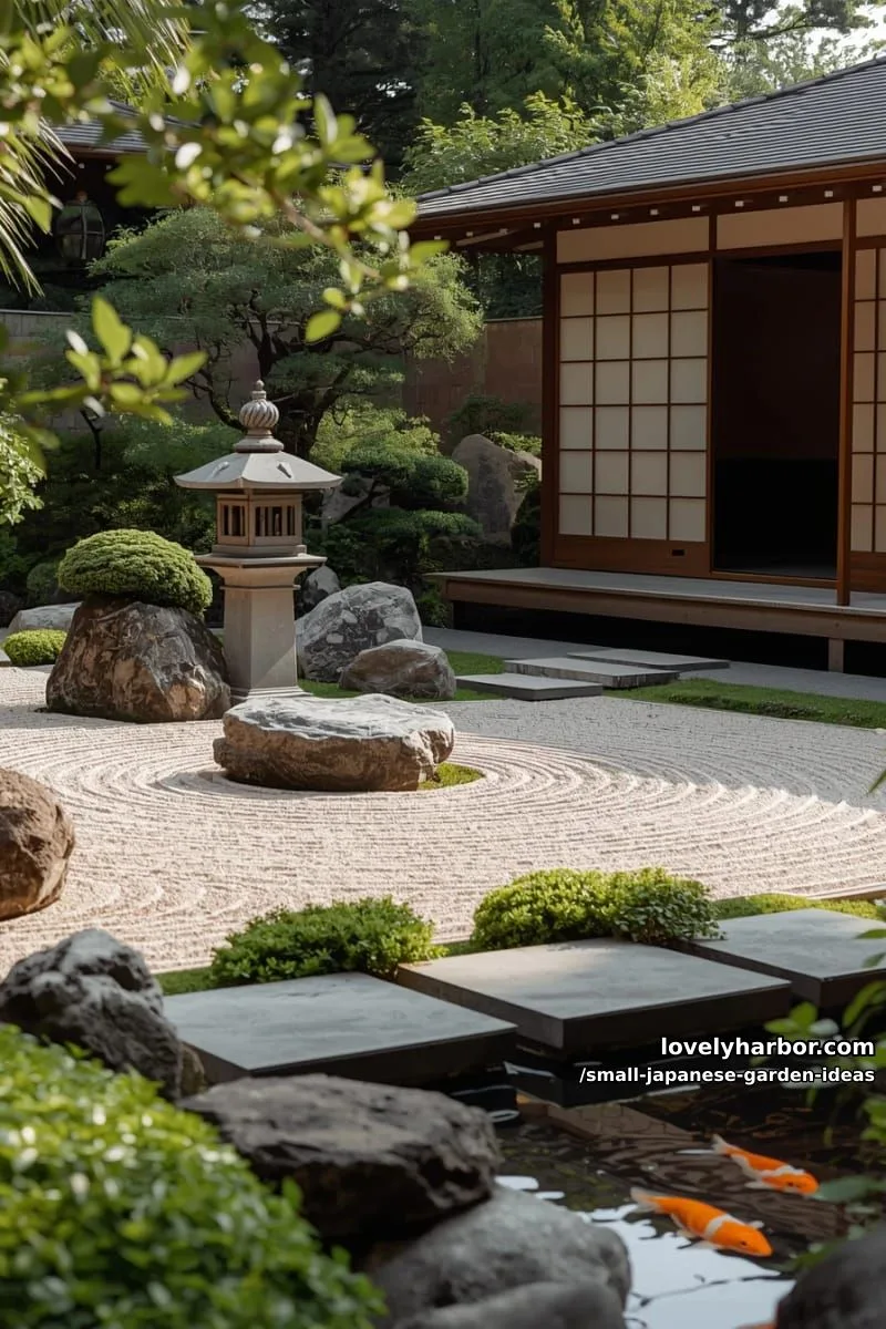 20 Small Japanese Garden Ideas for a Zen Atmosphere 22 traditional zen garden with raked gravel, large rocks, koi pond, and wooden gate. 1