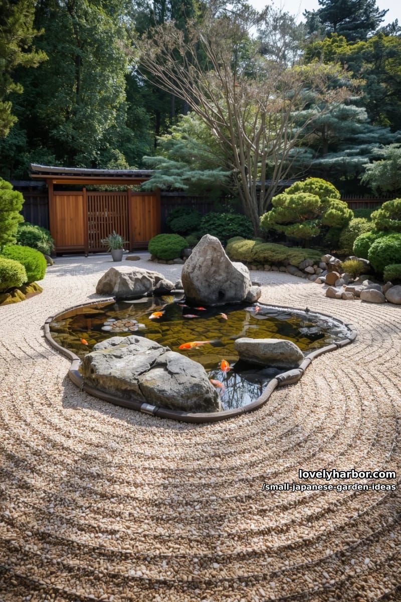 traditional zen garden with raked gravel, large rocks, koi pond, and wooden gate. 1