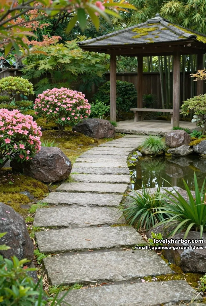 20 Small Japanese Garden Ideas for a Zen Atmosphere 40 tranquil japanese garden with stone path, pink flowers, pond, and moss-covered pergola. 1