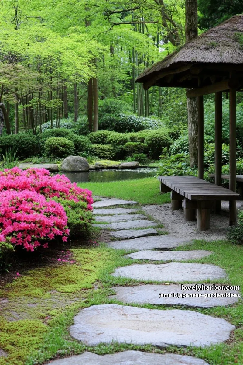 20 Small Japanese Garden Ideas for a Zen Atmosphere 41 tranquil japanese garden with stone path, pink flowers, pond, and moss-covered pergola. 1