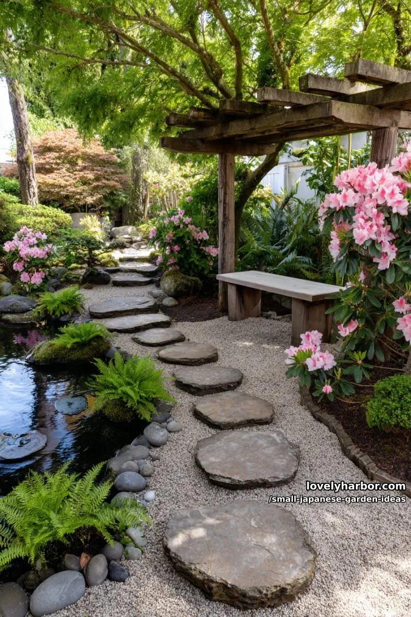 20 Small Japanese Garden Ideas for a Zen Atmosphere 42 tranquil japanese garden with stone path, pink flowers, pond, and moss-covered pergola. 1