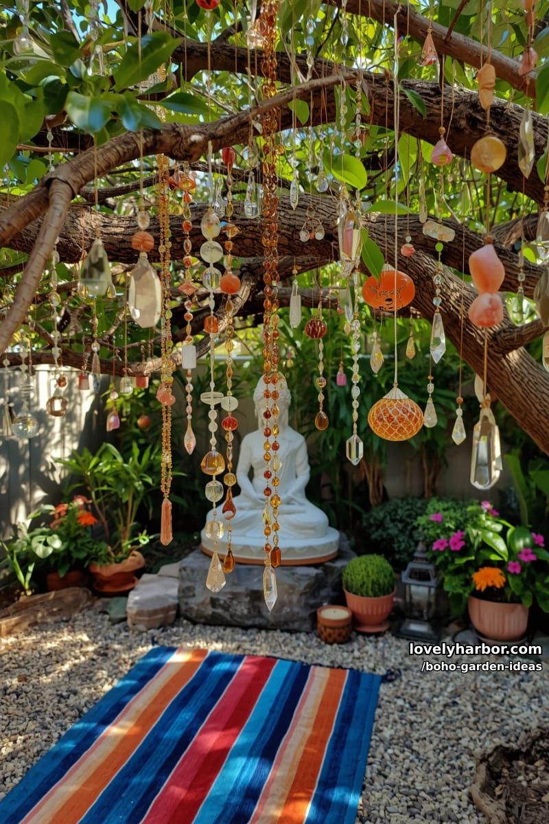 tree branch with hanging crystal ornaments, sunlight, and serene garden statue. 1