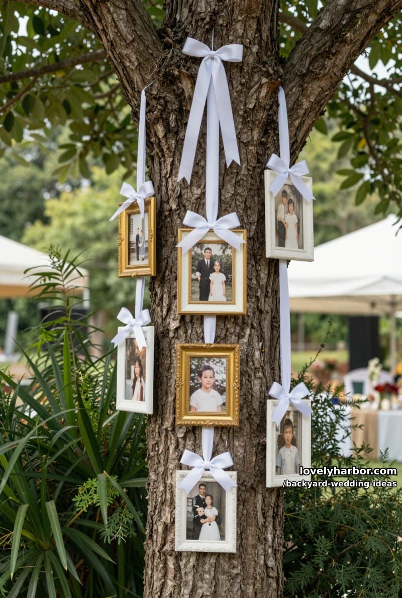 tree decorated with hanging picture frames and old family photographs. 1