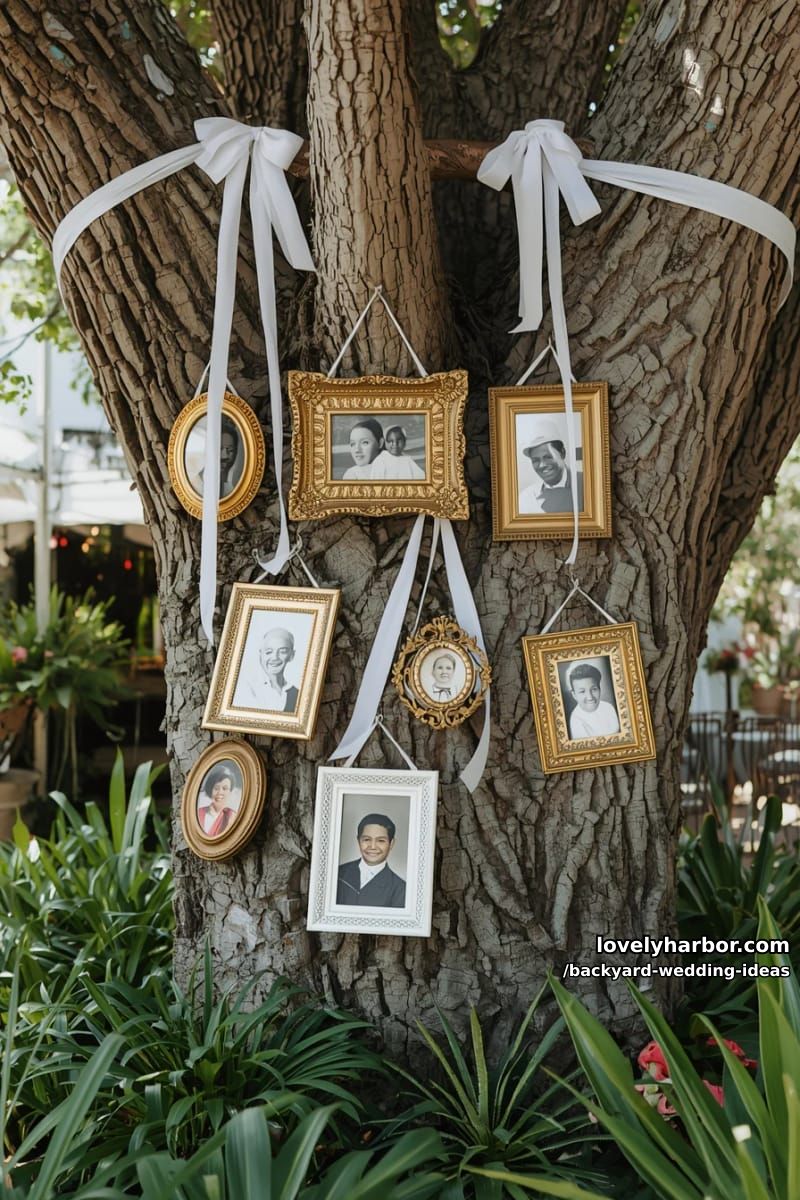 tree decorated with hanging picture frames and old family photographs. 1