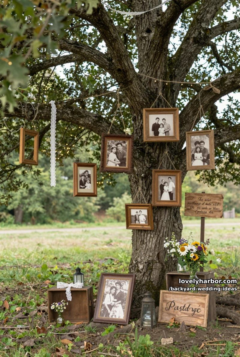 tree decorated with hanging picture frames and old family photographs. 1