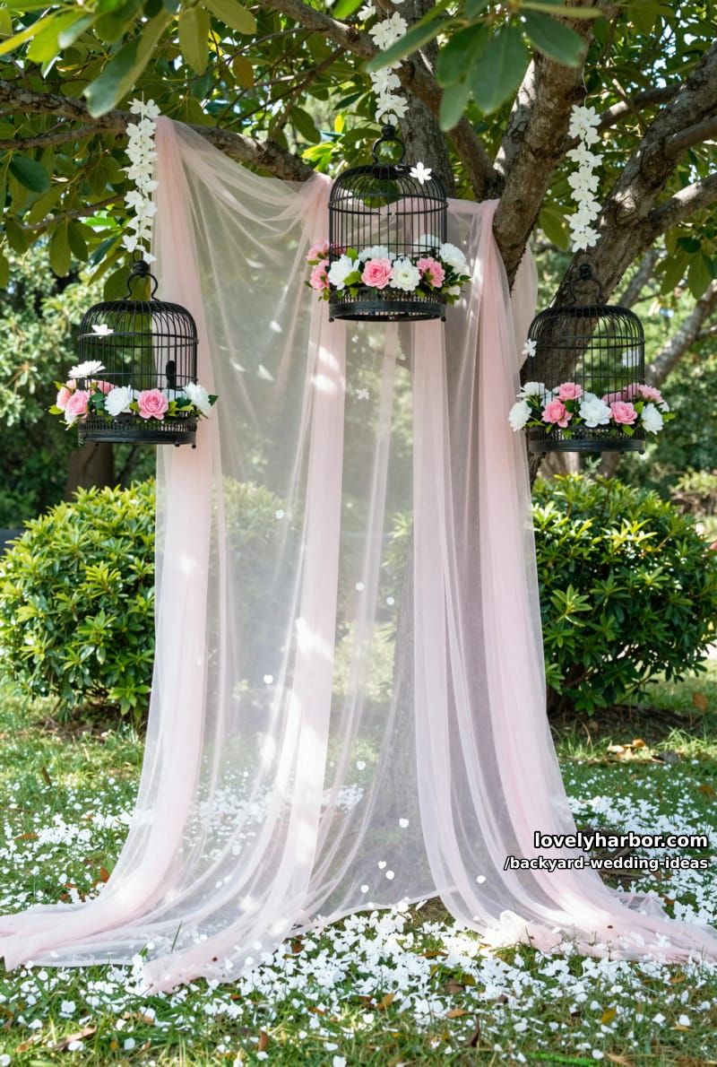 tree draped in pink fabric, birdcages, and scattered white flower petals. 1