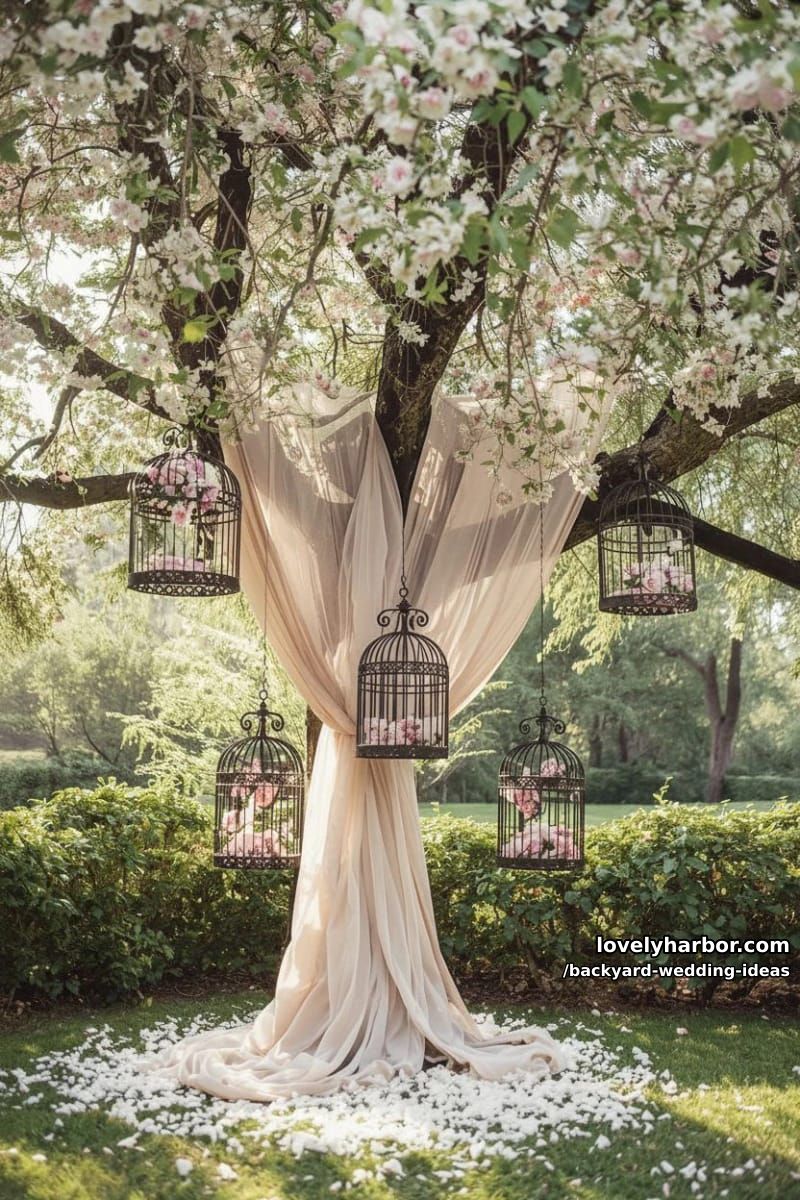 tree draped in pink fabric, birdcages, and scattered white flower petals. 1