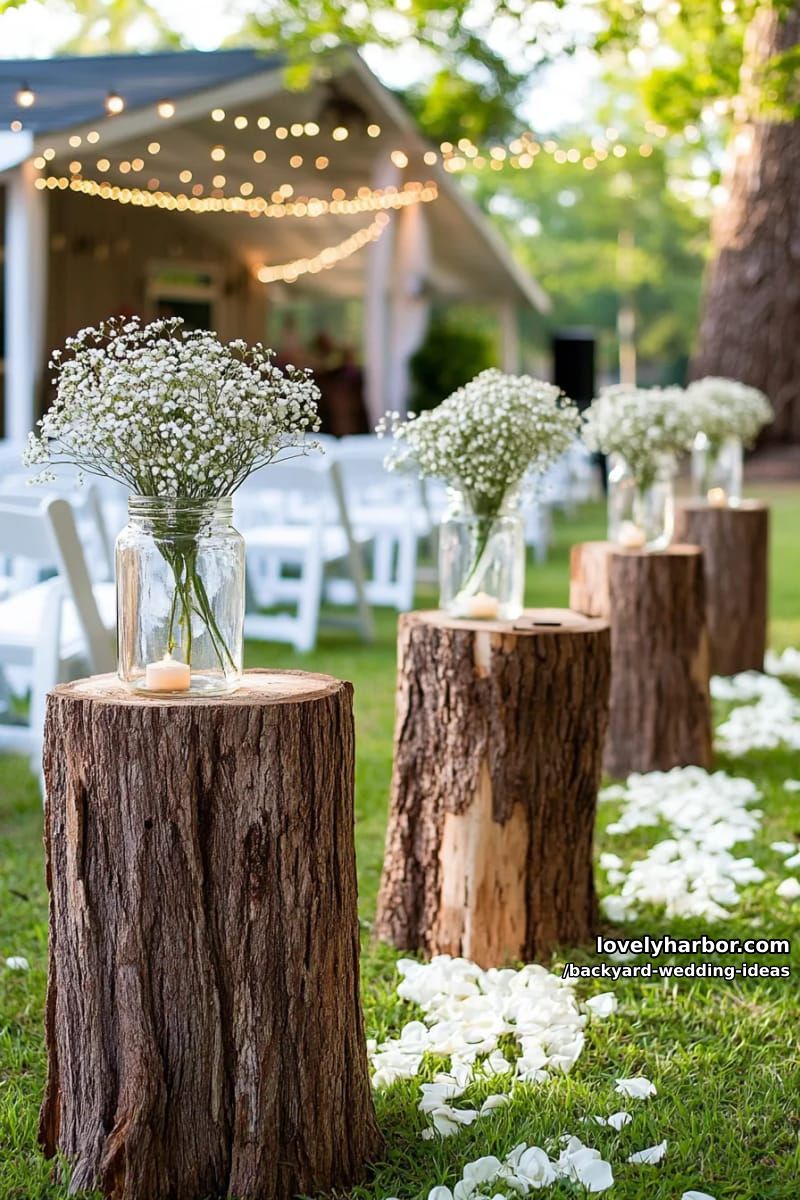tree stumps topped with glass jars and baby's breath bouquets. 1