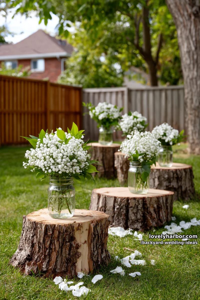 tree stumps topped with glass jars and baby's breath bouquets. 1