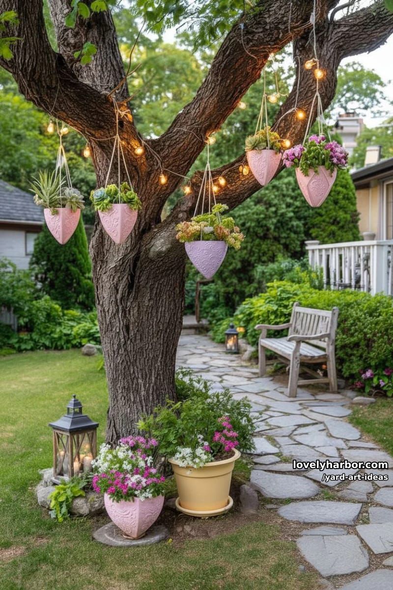 tree with hanging pastel heart planters and glowing string lights. 1