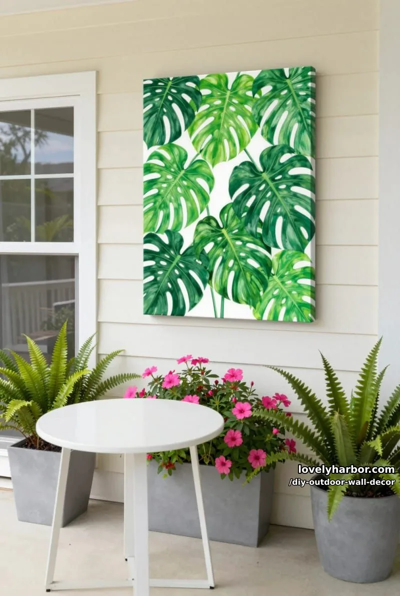 20 Easy DIY Outdoor Wall Decor Ideas You'll Love 7 tropical monstera leaf wall art on a fresh outdoor porch setting 1