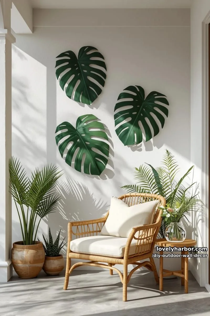 20 Easy DIY Outdoor Wall Decor Ideas You'll Love 8 tropical monstera leaf wall art on a fresh outdoor porch setting 1