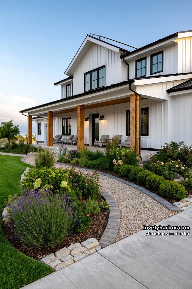 two-story farmhouse, black metal roof, porch lights, lush garden, curved walkway. 1