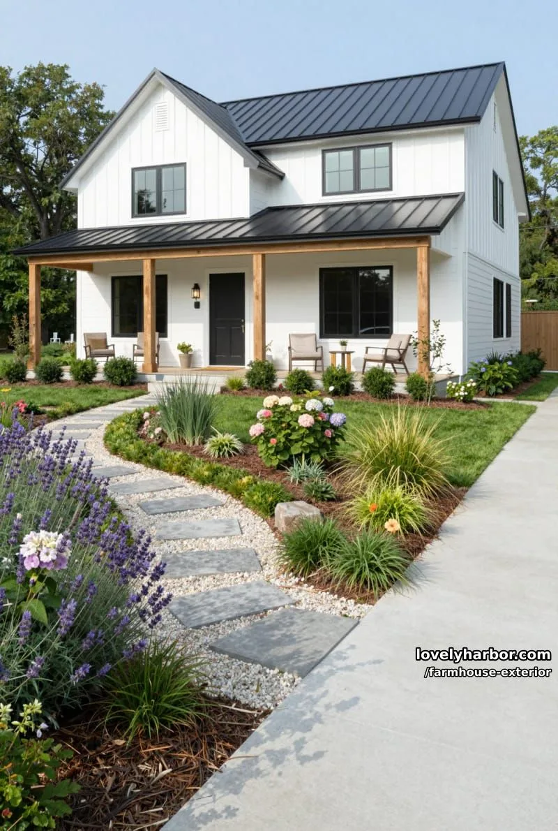 44 New Farmhouse Exterior Designs To Copy 36 two-story farmhouse, black metal roof, porch lights, lush garden, curved walkway. 1