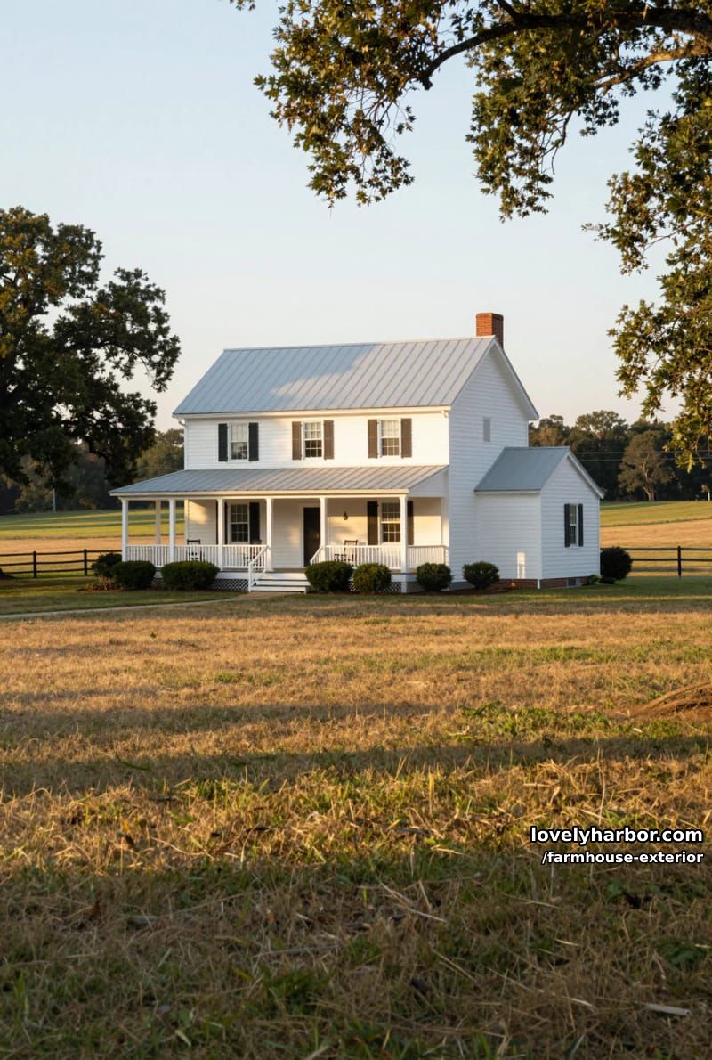 two-story farmhouse, metal roof, wraparound porch, rocking chairs, open field, sunset. 1