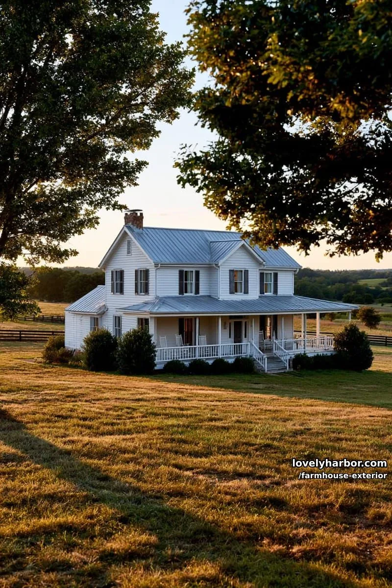 44 New Farmhouse Exterior Designs To Copy 50 two-story farmhouse, metal roof, wraparound porch, rocking chairs, open field, sunset. 1