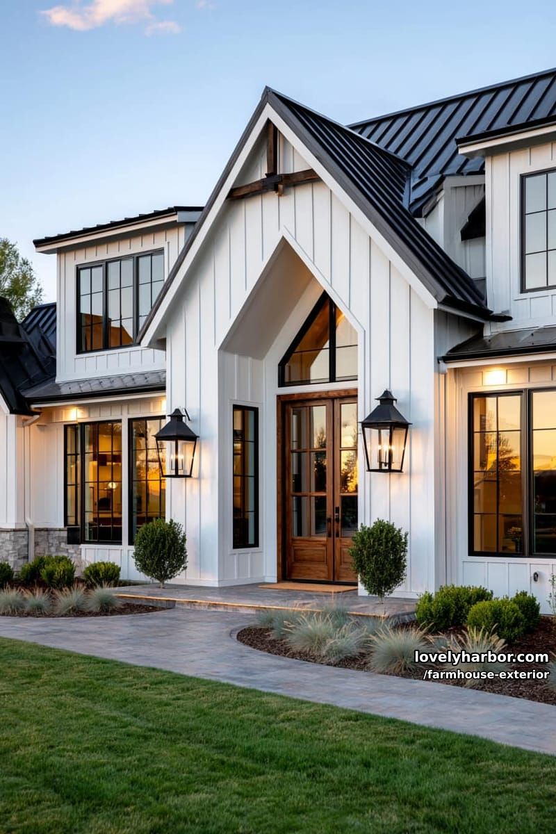 two-story farmhouse, white board and batten, dark roof, double doors, minimal landscaping. 1