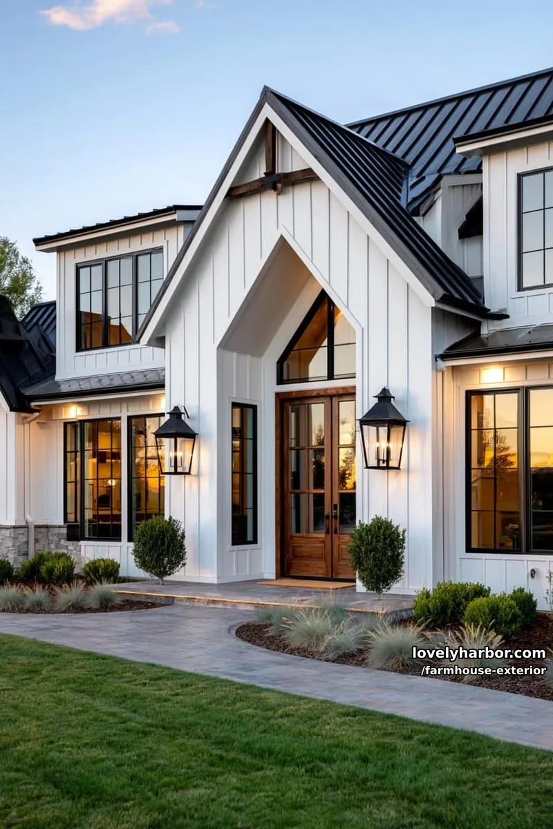 44 New Farmhouse Exterior Designs To Copy 83 two-story farmhouse, white board and batten, dark roof, double doors, minimal landscaping. 1