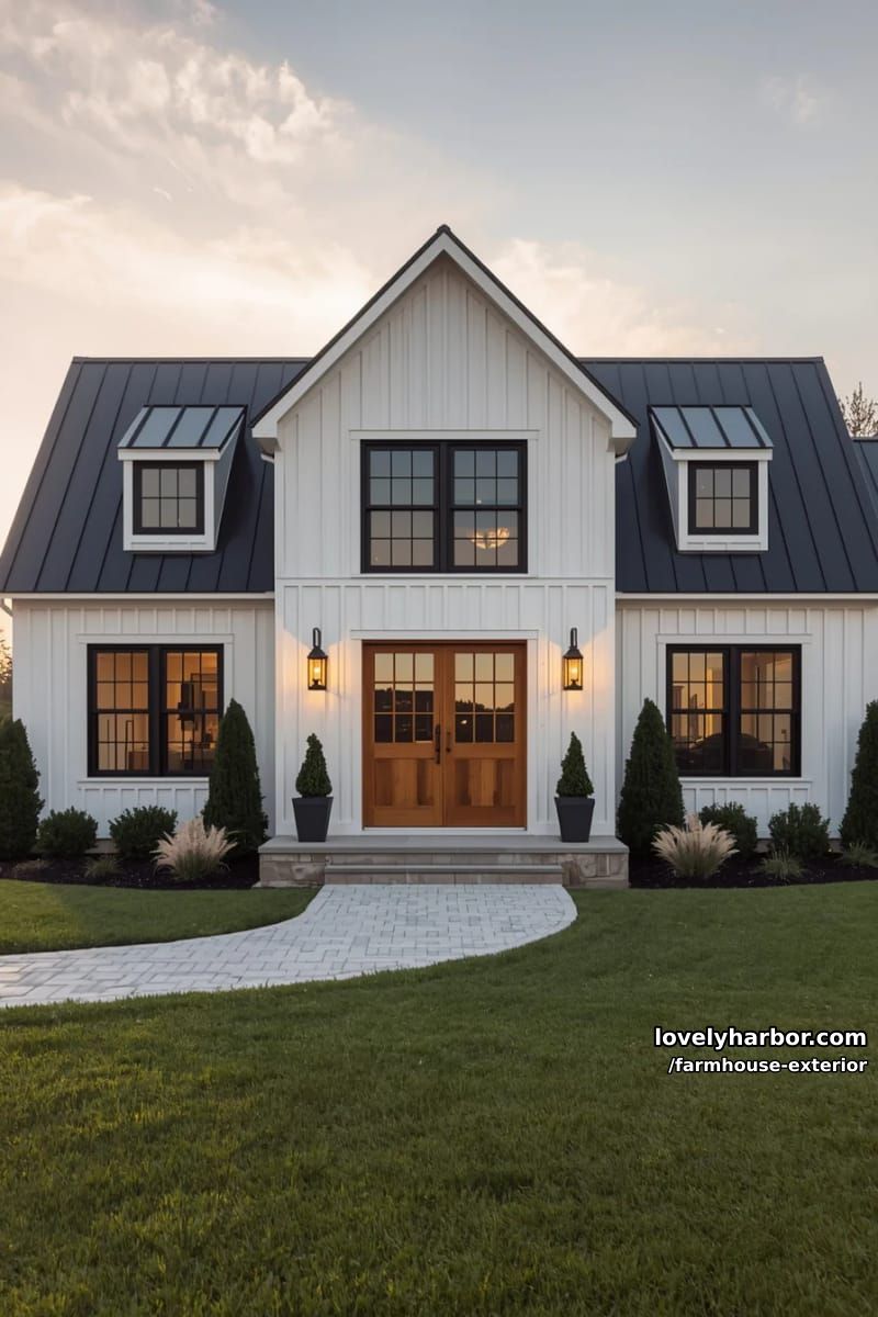 two-story farmhouse, white board and batten, dark roof, double doors, minimal landscaping. 1