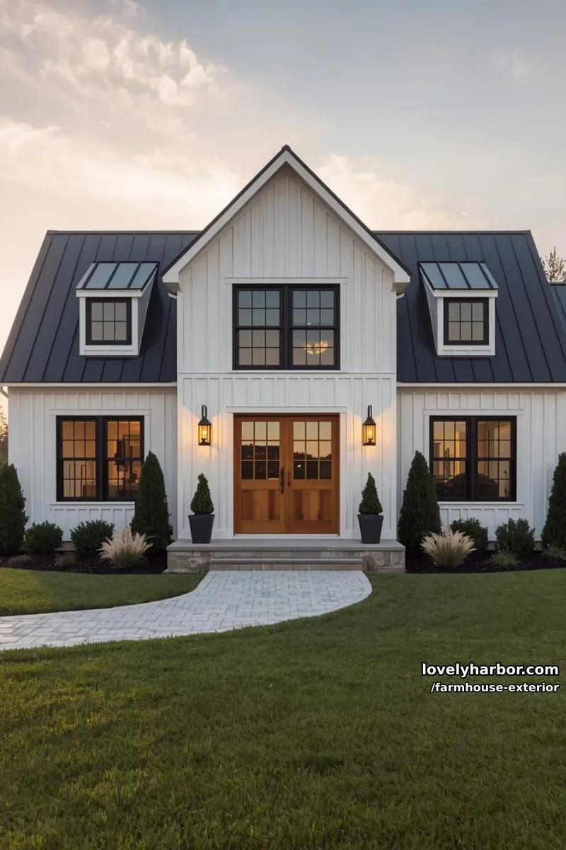 44 New Farmhouse Exterior Designs To Copy 84 two-story farmhouse, white board and batten, dark roof, double doors, minimal landscaping. 1