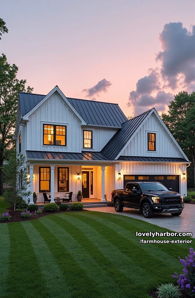 two-story farmhouse, white siding, black roof, dormers, porch seating, black pickup truck. 1