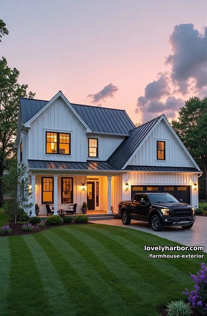 44 New Farmhouse Exterior Designs To Copy 88 two-story farmhouse, white siding, black roof, dormers, porch seating, black pickup truck. 1