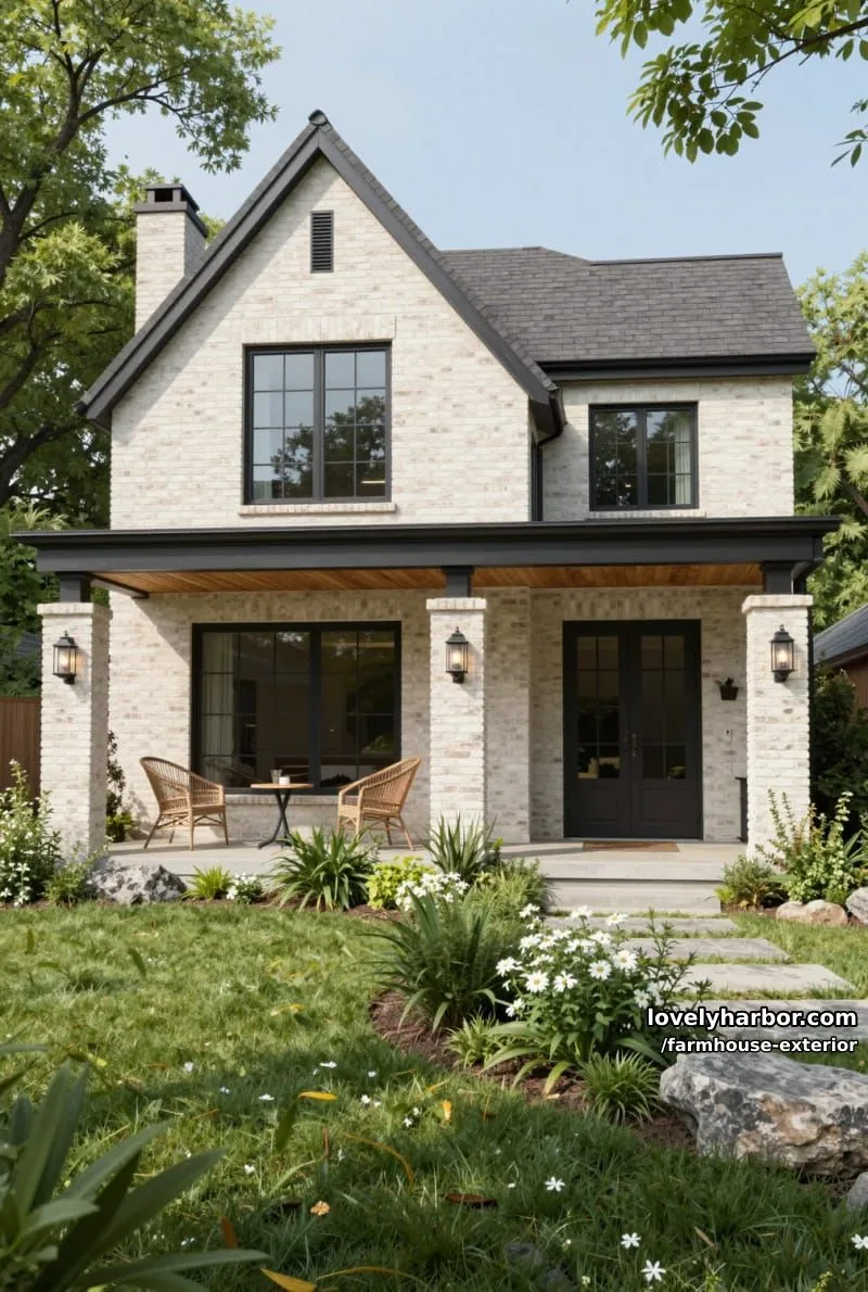 44 New Farmhouse Exterior Designs To Copy 56 two-story house, light brick exterior, black windows, covered porch, lush planters. 1