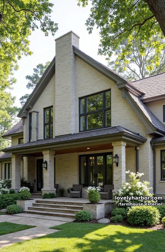 two-story house, light brick exterior, black windows, covered porch, lush planters. 1
