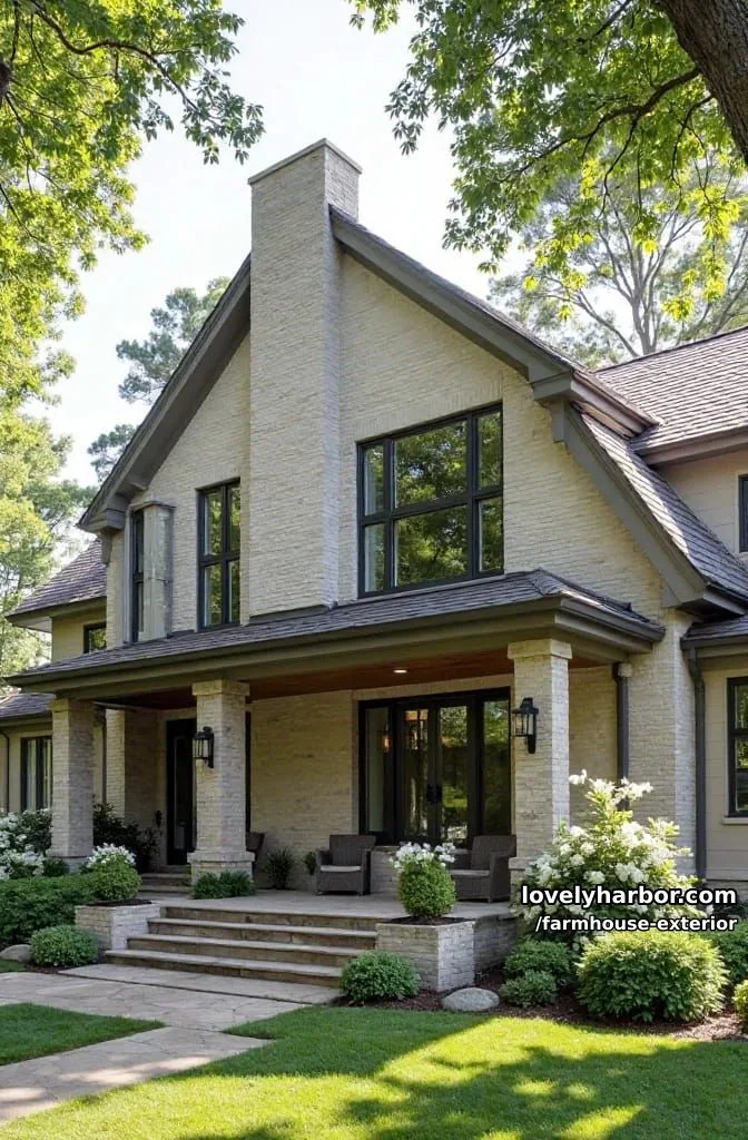 44 New Farmhouse Exterior Designs To Copy 57 two-story house, light brick exterior, black windows, covered porch, lush planters. 1