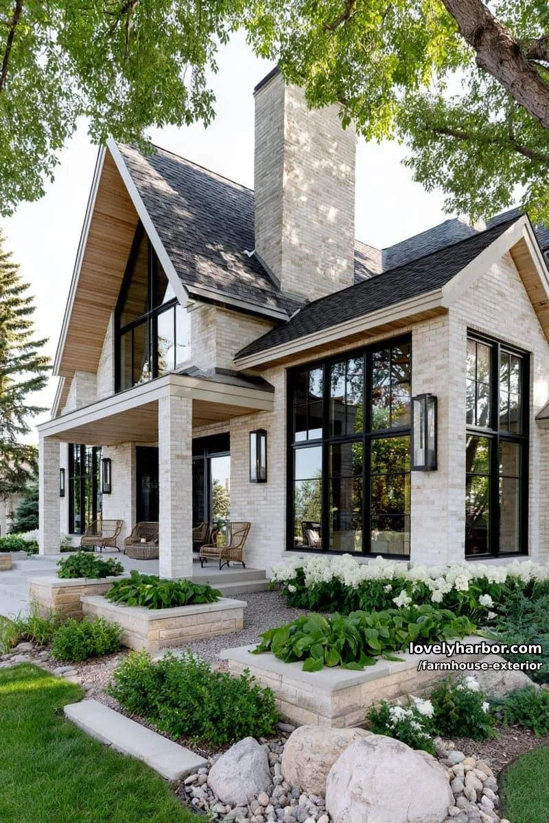 44 New Farmhouse Exterior Designs To Copy 58 two-story house, light brick exterior, black windows, covered porch, lush planters. 1