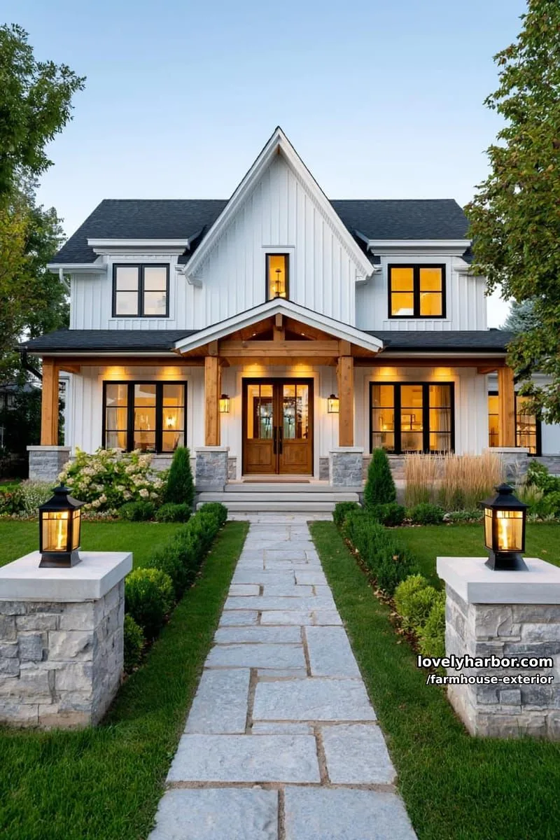 44 New Farmhouse Exterior Designs To Copy 11 two-story modern farmhouse, wooden columns, double doors, symmetrical landscaping, evening lights. 1
