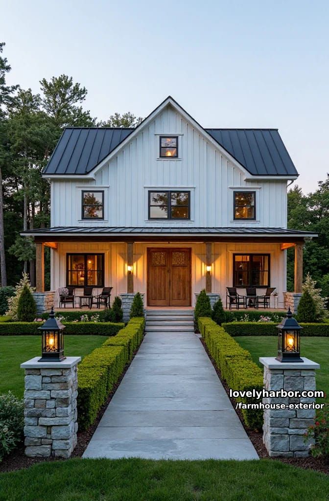 two-story modern farmhouse, wooden columns, double doors, symmetrical landscaping, evening lights. 1