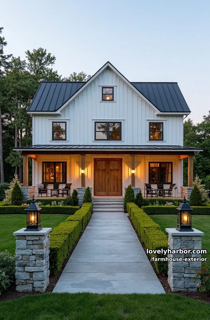 44 New Farmhouse Exterior Designs To Copy 12 two-story modern farmhouse, wooden columns, double doors, symmetrical landscaping, evening lights. 1