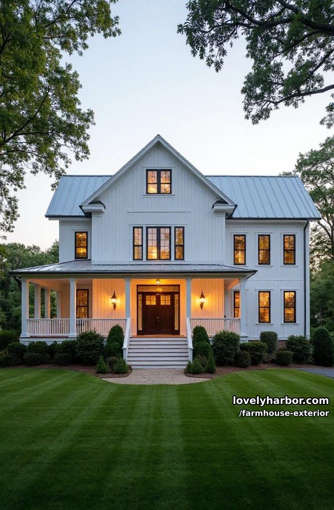 two-story white farmhouse, metal roof, dormer, wraparound porch, manicured lawn. 1