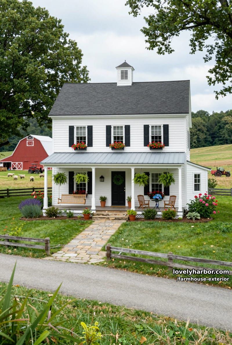 two-story white farmhouse with porch swing, red barn, and flower-filled gardens. 7