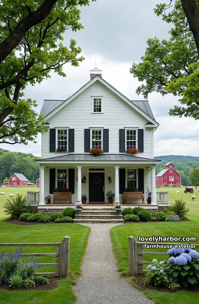 two-story white farmhouse with porch swing, red barn, and flower-filled gardens. 1