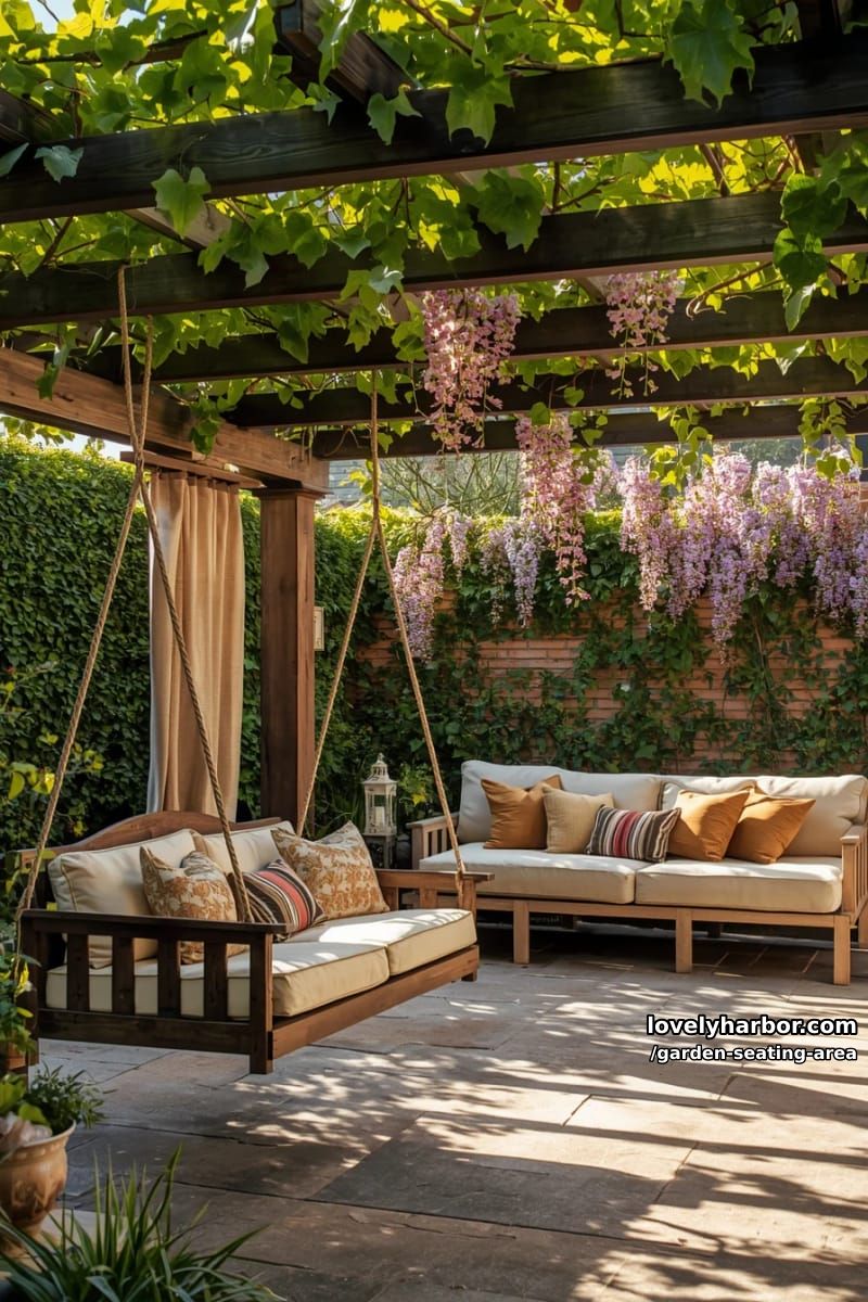 unique garden seating areas with various furniture, pergola, and lush greenery 1