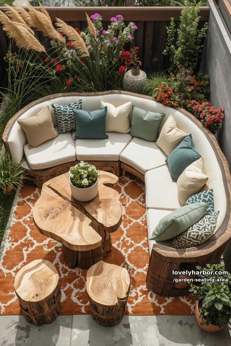 unique garden seating areas with various furniture, pergola, and lush greenery 1